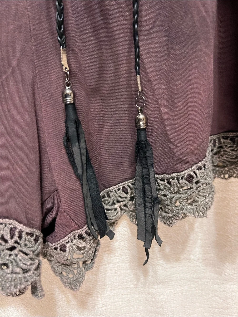 POL Dusty Mauve Utility Romper Leather Tassel Belt Lace Trim Zip Front Boho S - Picture 4 of 8